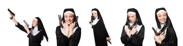 Nun with gun isolated on white — Stock Photo, Image