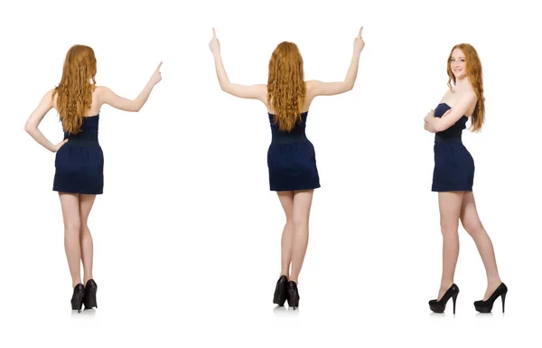 Kvinna trycka på virtuell knapp isolerad på vit — Stockfoto