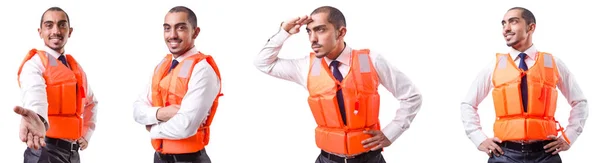 Man in life jacket isolated on white — Stock Photo, Image