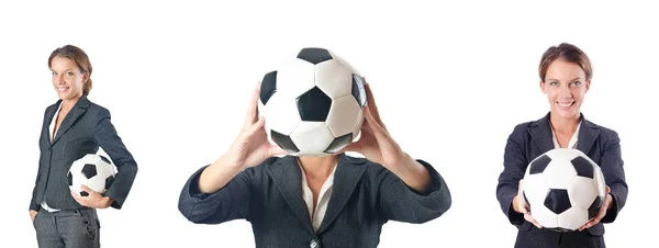Femme d'affaires avec football sur blanc — Photo