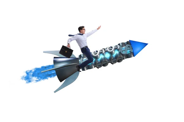 Бизнесмен, летящий на ракете изолирован на белом — стоковое фото