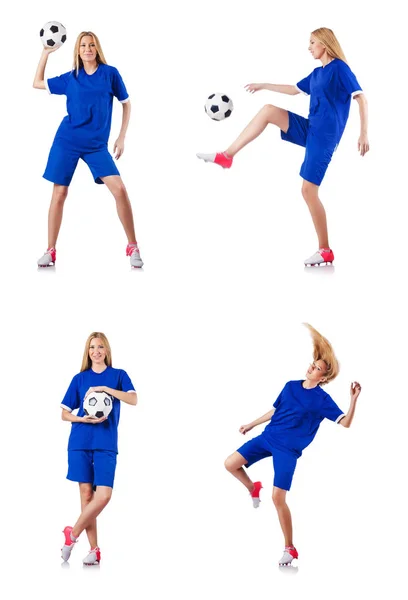 Mulher jogando futebol no branco — Fotografia de Stock