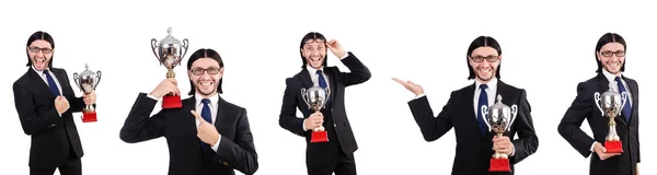 Uomo d'affari premiato con coppa premio isolato su bianco — Foto Stock