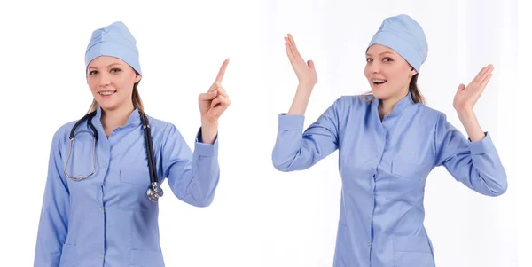 Mulher médico pressionando botão virtual — Fotografia de Stock