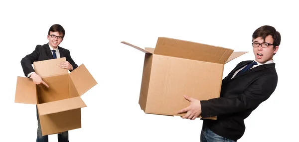 Hombre divertido con cajas aisladas en blanco — Foto de Stock