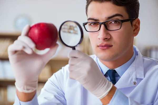 Cientista que trabalha em frutas e legumes orgânicos — Fotografia de Stock