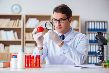 Bilim adamı organik meyve ve sebzeler üzerinde çalışıyor.