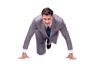 İşadamı üstünde başlamak izole üzerinde beyaz çalıştırmak için hazır