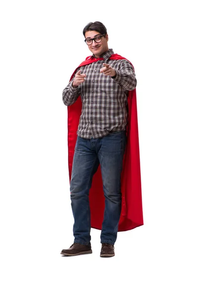 Super herói vestindo capa vermelha no branco — Fotografia de Stock