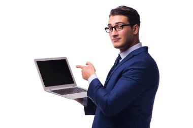 Dizüstü bilgisayarı olan iş adamı beyaza izole edildi