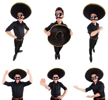 Meksika şapkası takan komik bir adam beyaz şapkalı.