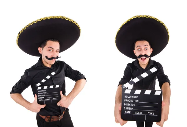 Homem engraçado usando chapéu sombrero mexicano isolado em branco — Fotografia de Stock