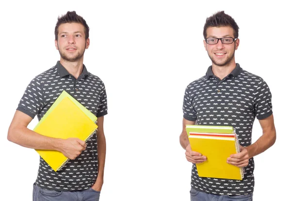 Ung student med bok och ryggsäck på vit — Stockfoto