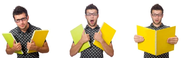 Jovem estudante com livro e mochila em branco — Fotografia de Stock