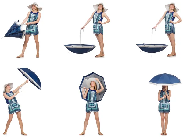 Collage einer Frau mit Regenschirm isoliert auf weiß — Stockfoto