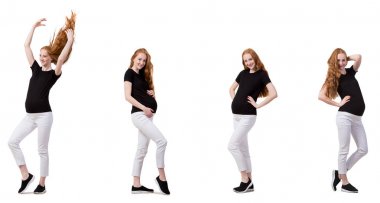 Karmaşık görüntülü hamile kadın beyazda izole edilmiş.