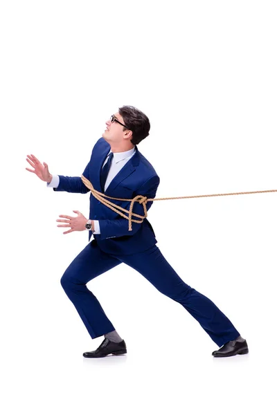 Empresário pego com laço de corda isolado em branco — Fotografia de Stock