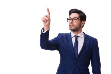 Genç işadamı beyaz izole sanal düğmelere basarak