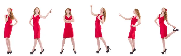 Hübsches junges Mädchen in rotem Kleid isoliert auf weiß — Stockfoto