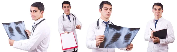 Young doctor with x-ray image on white — Stock Photo, Image