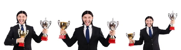 Podnikatel oceněn prize cup izolované na bílém — Stock fotografie