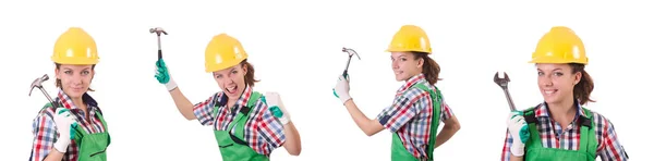 Trabalhadora feminina em macacão verde isolado em branco — Fotografia de Stock