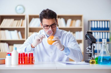 Bilim adamı organik meyve ve sebzeler üzerinde çalışıyor.