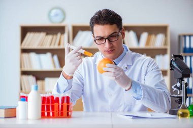 Bilim adamı organik meyve ve sebzeler üzerinde çalışıyor.