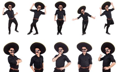 Meksika şapkası takan komik bir adam beyaz şapkalı.