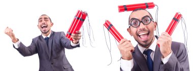 Dinamiti olan bir iş adamı beyazda izole edilmiş.