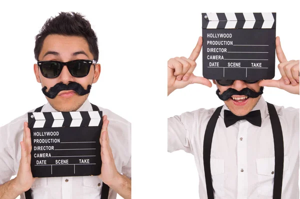 Whiskered joven con clapperboard aislado en blanco —  Fotos de Stock