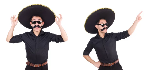 Hombre divertido con sombrero mexicano sombrero aislado en blanco —  Fotos de Stock