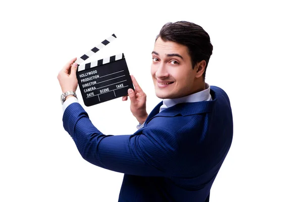 Handsome man with movie clapper isolated on white — Stock Photo, Image