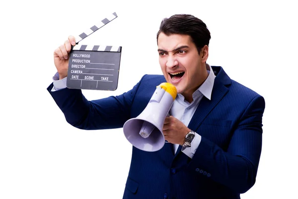 Bel homme avec film clapper isolé sur blanc — Photo