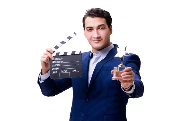 Kjekk mann med filmklapper isolert på hvitt. – stockfoto
