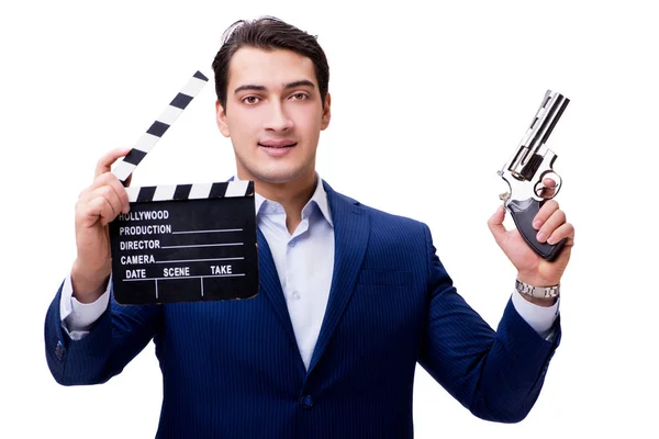 Schöner Mann mit Filmklöppel isoliert auf weiß — Stockfoto