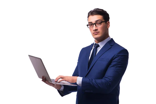 Hombre de negocios con portátil aislado en blanco — Foto de Stock