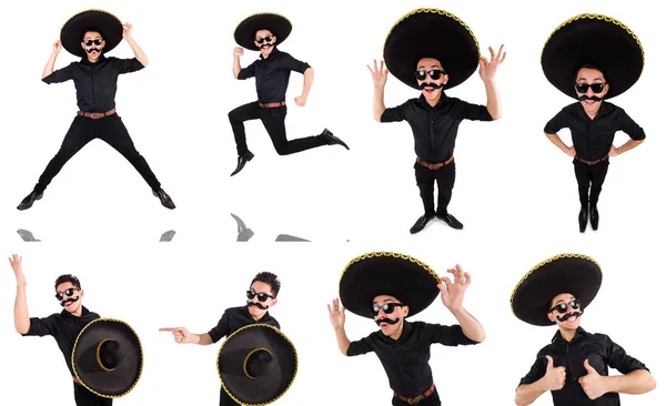 Hombre divertido con sombrero mexicano sombrero aislado en blanco —  Fotos de Stock