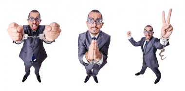 beyaz üzerine kelepçe ile komik iş adamı