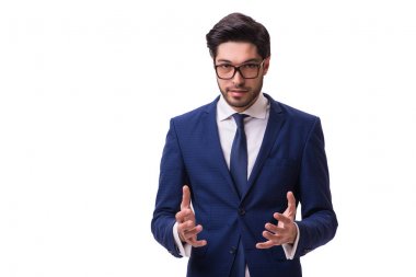 Sanal nesne üzerinde beyaz izole tutan işadamı