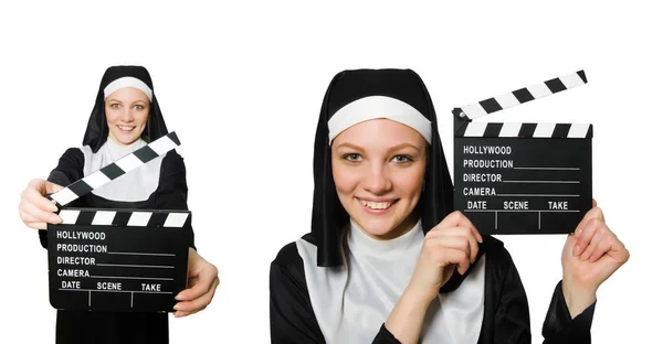 Nun with movie board isolated on white — Stock Photo, Image