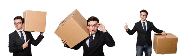 Забавна людина з коробками ізольовані на білому — стокове фото