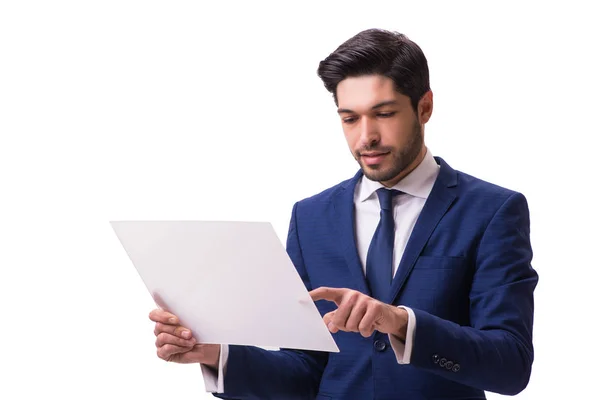 Empresário trabalhando em comprimido isolado no fundo branco — Fotografia de Stock