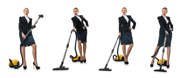 Mulher de negócios limpeza com aspirador de pó em branco — Fotografia de Stock