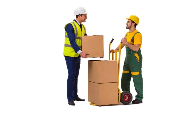 Dois trabalhadores isolados no fundo branco — Fotografia de Stock