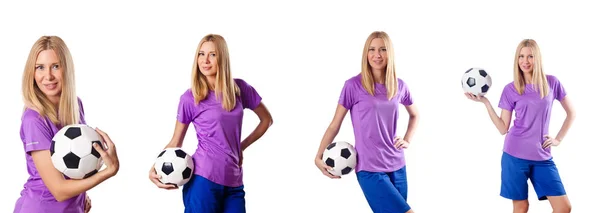 Mulher jogando futebol no branco — Fotografia de Stock