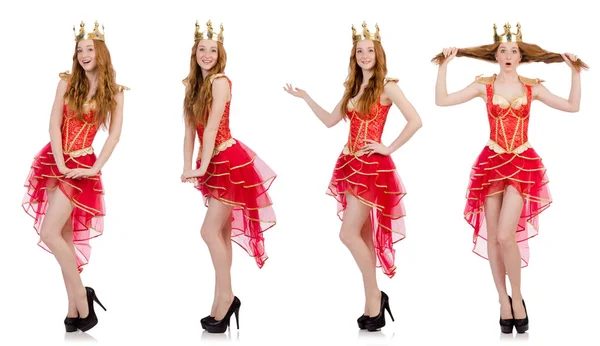 Rainha em vestido vermelho isolado em branco — Fotografia de Stock