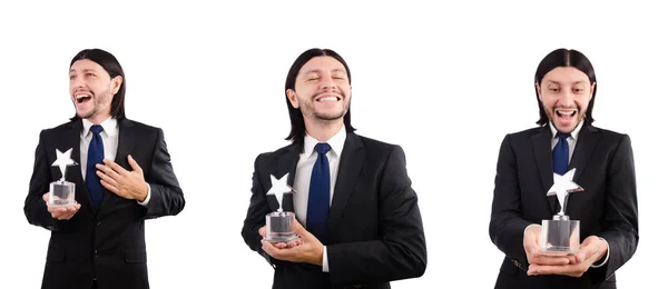 Businessman with star award isolated on white — Stock Photo, Image