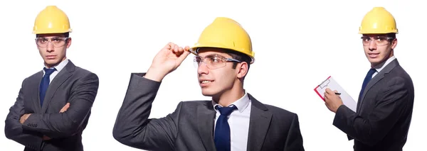 Hombre usando casco aislado en blanco — Foto de Stock