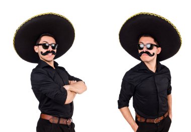 Meksika şapkası takan komik bir adam beyaz şapkalı.